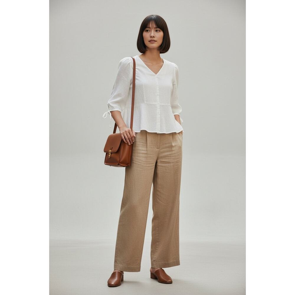 Women’s Minimalist CottageCore White Cotton Puff Sleeve Peplum Blouse M